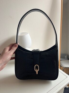 Anine Bing Black Croc-Texture Shoulder Bag with Gold Hardware